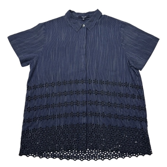 Madewell Eyelet-Hem Navy Striped Button Down Shirt - Picture 2 of 9